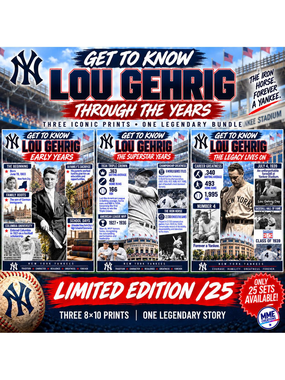 5070 Lou Gehrig Get to Know Through the Years Limited Edition 3-Print Bundle /25